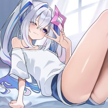 123haruno_oto 1girl amane_kanata arm_support blue_shorts blush closed_mouth colored_inner_hair commentary_request cowboy_shot grey_hair halo hand_up highres hololive indoors knees_up long_hair looking_at_viewer multicolored_eyes multicolored_hair off-shoulder_shirt off_shoulder one_eye_closed pink_halo reclining shirt short_shorts short_sleeves shorts smile solo star_halo t-shirt twintails v virtual_youtuber white_shirt