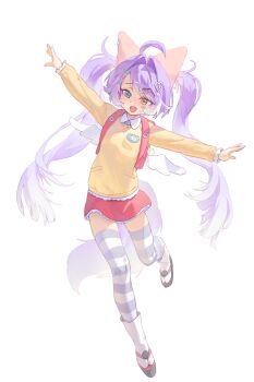 Rule 34 | 1girl, absurdres, ahoge, alternate costume, backpack, bag, blue eyes, bun cover, commentary request, fang, fox girl, full body, hair ears, hair ornament, hairclip, heart, heart hair ornament, heterochromia, highres, jaeyun5407, kindergarten uniform, korean commentary, leg up, long hair, long sleeves, miniskirt, okobo, open mouth, orange eyes, outstretched arms, parallel hairclips, parted bangs, platform sandals, purple hair, red skirt, sandals, simple background, skirt, smile, solo, spread arms, standing, standing on one leg, stellive, striped clothes, striped thighhighs, sweater, tabi, tail, tenko shibuki, thighhighs, twintails, very long hair, virtual youtuber, white background, white wings, wings, yellow sweater, zettai ryouiki