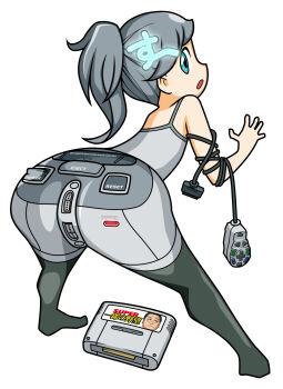 1girl ass bad_id bad_pixiv_id bent_over blue_eyes cameo cartridge console controller female_focus game_console game_controller highres long_hair looking_back masayan_(minor-ms) nintendo nintendo-tan ozawa_ichirou personification ponytail real_life silver_hair simple_background solo super_famicom super_nintendo white_background