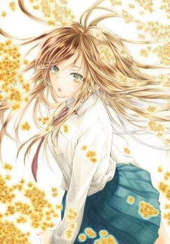 1girl absurdres aqua_skirt arms_at_sides breast_bondage brown_eyes brown_hair choppy_bangs collared_shirt commentary_request cowboy_shot floating_hair flower from_side highres long_hair long_sleeves looking_at_viewer looking_to_the_side marker_(medium) necktie original parted_lips red_necktie school_uniform shirt shirt_tucked_in skirt solo standing traditional_media white_background white_shirt yellow_flower yukki59829