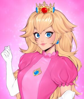 1girl blonde_hair blue_eyes blue_gem breasts closed_mouth commentary crown double-parted_bangs dress earrings elbow_gloves english_commentary gem gloves highres jewelry long_hair looking_at_viewer mario_(series) medium_breasts nintendo pink_background pink_dress princess_peach puffy_short_sleeves puffy_sleeves red_gemstone short_sleeves smile solo sphere_earrings teyoid upper_body white_gloves