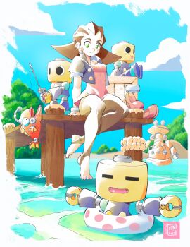 1girl 3others arm_support box brown_hair cropped_jacket fish fishing fishing_line fishing_rod getinthegustaff green_eyes highres holding holding_fishing_rod mega_man_(series) mega_man_legends mega_man_legends_(series) multiple_others partially_submerged robot sitting smile stirrup_legwear swim_ring toeless_legwear tron_bonne_(mega_man) water