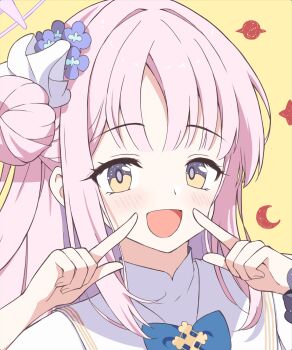 1girl :d blue_archive blue_bow blue_bowtie blunt_bangs blush bow bowtie capelet commentary_request eyelashes flower hair_bun hair_flower hair_intakes hair_ornament halo happy highres holy-san_(makuu) index_fingers_raised long_hair looking_at_viewer mika_(blue_archive) open_mouth pink_hair pink_halo portrait purple_flower sidelocks simple_background single_side_bun smile solo white_capelet yellow_background yellow_eyes