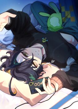 1boy absurdres black_hair black_sweater blonde_hair commentary_request genshin_impact green_eyes green_hair green_pants hair_between_eyes highres kinich_(genshin_impact) long_sleeves looking_at_viewer male_focus mashiro_io midriff multicolored_hair open_clothes open_shirt pants short_hair solo streaked_hair sweater