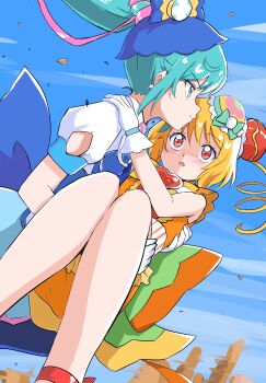 2girls ankleband back_bow blonde_hair blue_bow blue_eyes blue_hair blue_skirt blue_sky bow brooch bun_cover canyon carrying closed_mouth commentary cure_spicy cure_yum-yum day delicious_party_precure double_bun dress drill_hair fuwa_kokone gloves hair_bun hanamichi_ran hand_on_another's_shoulder hat heart heart_brooch highres huge_bow jewelry long_hair magical_girl multiple_girls open_mouth orange_dress outdoors ponytail precure princess_carry puffy_short_sleeves puffy_sleeves red_eyes scene_reference short_sleeves skirt sky twin_drills uraki white_gloves