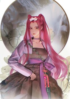Rule 34 | 1girl, absurdres, brown eyes, choker, circle, closed mouth, cowboy shot, go ong ss, hanbok, hashtag-only commentary, highres, korean clothes, kpop demon hunters, long hair, mira (kpop demon hunters), pink hair, purple choker, sash, sidelocks, solo, twintails