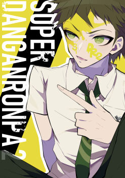 1boy absurdres arm_behind_back black_pants brown_hair collared_shirt commentary_request copyright_name danganronpa_(series) danganronpa_2:_goodbye_despair green_eyes green_necktie highres hinata_hajime index_finger_raised long_fingers male_focus necktie nekoma_hikaru open_mouth paint_splatter paint_splatter_on_face pants pointing shirt sitting solo white_shirt
