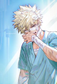 Rule 34 | 1boy, absurdres, bakugou katsuki, bandaged arm, bandaged chest, bandaged head, bandages, blonde hair, boku no hero academia, commentary request, crying, highres, hospital gown, injury, male focus, open mouth, solo, spiked hair, twitter username, upper body, wiping face, znjxlz