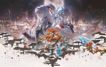 Rule 34 | 1boy, 1girl, aerial fireworks, arbiter-generals, architecture, armlet, bracelet, cup, dress, earrings, east asian architecture, fireworks, hashtag-only commentary, highres, holding, holding cup, honkai: star rail, honkai (series), jacket, jewelry, jing yuan, long hair, ming zhentan allk, moon, nail polish, pants, peacock feathers hair ornament, red ribbon, ribbon, ring, single earring, sleeveless, tassel, tree, very long hair, white hair, yao guang (honkai: star rail)