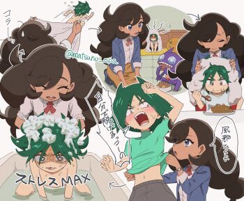 1boy 1girl :d arrow_(symbol) bathing bathtub blush bowl brown_hair closed_eyes closed_mouth collared_shirt commentary_request curry eating emma_(pokemon) flying_sweatdrops foam food food_on_face gen_3_pokemon green_shirt highres holding holding_towel jacket long_hair matsuno_opa multiple_views neck_ribbon nintendo open_clothes open_jacket open_mouth pet_bowl plate pokemon pokemon_(anime) pokemon_(creature) pokemon_horizons red_ribbon ribbon rice sableye shirt smile sweat teeth three-quarter_sleeves tongue towel twintails uruto_(pokemon) washing_another watch wristwatch