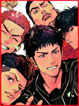 5boys black_eyes black_hair border brown_eyes brown_hair closed_eyes closed_mouth commentary_request grin looking_at_viewer male_focus multiple_boys number_00 red_border red_hair short_hair smile