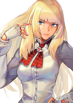 Rule 34 | 1girl, blonde hair, blue eyes, breasts, emilie de rochefort, fingerless gloves, gloves, hinoru saikusa, long hair, long sleeves, looking to the side, medium breasts, nail polish, pink nails, solo, tekken