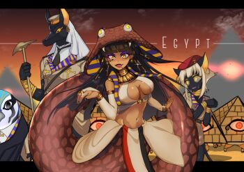 1boy 1other 2girls ancient_egyptian ancient_egyptian_clothes animal_head beret bird black_hair black_nails blunt_bangs breasts brown_shirt cat_girl character_name cleavage cleavage_cutout clothing_cutout cobra_(animal) dark_skin detached_sleeves dog_boy earrings empty_eyes eyeshadow fangs furry furry_female furry_male glowing glowing_eyes hat holding impossible_clothes jewelry lamia large_breasts looking_at_viewer makeup medium_breasts midriff military monster_girl multiple_girls navel original ornament personification purple_eyeshadow red_eyes ring ryuu_tou shirt sky slit_pupils snake_tail tail tongue tongue_out white_shirt yellow_eyes