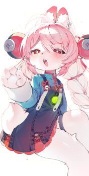 1girl :3 absurdres animal_ear_fluff animal_ears animal_hands black_dress blue_shirt blush braid buck_teeth commentary dress furry furry_female gloves hair_ornament highres invisible_chair long_hair long_sleeves looking_at_viewer open_mouth paw_gloves pinafore_dress pink_hair rabbit_ears rabbit_girl rabbit_tail red_eyes sen_light shirt simple_background sitting sleeveless sleeveless_dress solo sphere_hair_ornament tail teeth thigh_strap twin_braids upper_teeth_only white_background zenless_zone_zero zhao_(zenless_zone_zero)