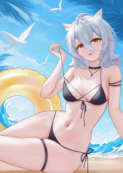 absurdres animal_ears azur_lane beach bikini bird black_bikini blue_sky breasts cloud commentary_request commission day dog_ears extra_ears front-tie_bikini_top front-tie_top grey_hair hair_between_eyes highres innertube looking_at_viewer maya_(azur_lane) medium_breasts multi-strapped_bikini_top ocean outdoors pixiv_commission seagull short_hair side-tie_bikini_bottom sitting sky swim_ring swimsuit xiao_feifei yellow_eyes yokozuwari