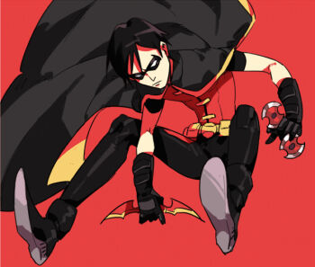 1boy batarang batman_(series) belt black_hair cape dc_comics dick_grayson doudoude_dou gloves male_focus mask robin_(dc) short_hair simple_background solo weapon young_justice