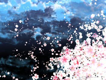 cloud cloudy_sky commentary falling_flower falling_petals flower flower_focus no_humans original petals pink_flower saya_(pixiv6311273) sky