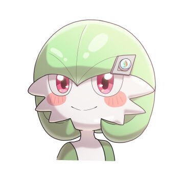 1girl blush blush_stickers bob_cut closed_mouth colored_skin cropped_torso derivative_work female_focus gardevoir gen_3_pokemon green_hair green_skin hair_between_eyes hair_ornament hairclip happy highres looking_afar mega_stone multicolored_skin nintendo pokemon pokemon_(anime) pokemon_(creature) poketoon red_eyes ridorido screenshot_redraw short_hair simple_background smile solo split_mouth two-tone_skin upper_body white_background white_skin