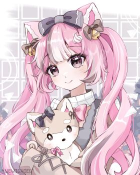 Rule 34 | 1girl, animal, animal ears, bell, black bow, black eyes, blunt bangs, bow, brown bow, brown shirt, closed mouth, commentary, dog, english commentary, hair bell, hair bow, hair ornament, highres, holding, holding animal, holding dog, long hair, long sleeves, looking at viewer, original, pink hair, shirt, smile, solo, twintails, upper body, yuewishies