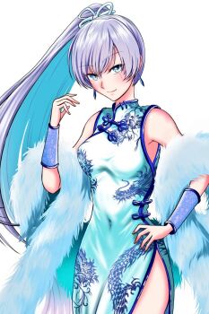 1girl aqua_eyes bare_shoulders bracer breasts china_dress chinese_clothes closed_mouth commentary_request dress earrings eastern_dragon_print floating_earrings fur_scarf hair_between_eyes hand_on_own_hip high_ponytail jewelry kumanosigenium1 long_hair looking_at_viewer ponytail rwby side_ponytail side_slit simple_background sleeveless sleeveless_dress small_breasts smile solo upper_body very_long_hair weiss_schnee white_background white_hair