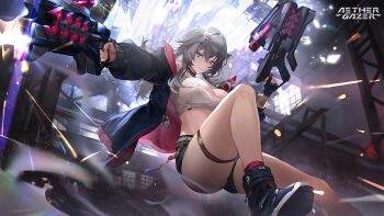 1girl aether_gazer artist_request belt belt_collar black_belt black_jacket black_nails black_shoes black_shorts bracelet breasts character_request cleavage closed_mouth collar copyright_name crop_top dual_wielding grey_eyes grey_hair gun hair_ornament hairclip highres holding holding_gun holding_weapon jacket jewelry multiple_bracelets official_art open_clothes open_jacket ring second-party_source shoes shorts solo tank_top weapon white_tank_top