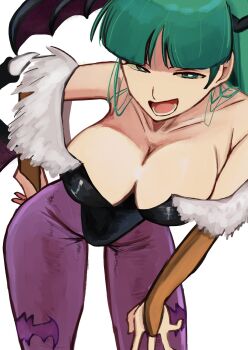 1girl animal_print bare_shoulders bat_print bent_over black_leotard breasts bridal_gauntlets capcom cleavage collarbone darkstalkers demon_girl green_eyes green_hair head_wings large_breasts leotard long_hair morrigan_aensland open_mouth pantyhose purple_pantyhose tikuwabu_33 wings