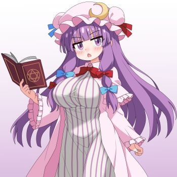 1girl blue_bow blue_ribbon blunt_bangs blush book bow bowtie breasts chestnut_mouth commentary_request crescent crescent_hat_ornament dress gradient_background hair_bow hat hat_ornament hat_ribbon highres holding holding_book large_breasts long_hair looking_at_viewer mob_cap open_book open_mouth partial_commentary patchouli_knowledge purple_background purple_eyes purple_hair red_bow red_ribbon ribbon robe sakuzo solo striped_clothes striped_dress touhou vertical-striped_clothes vertical-striped_dress very_long_hair wide_sleeves