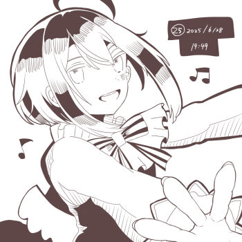 1boy ahoge bad_id bad_pixiv_id dated grimms_notes hahn_(grimms_notes) looking_at_viewer male_focus monochrome odai_0715 outstretched_arms solo vest wings