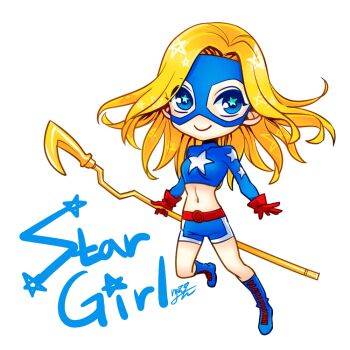 1girl blonde_hair blue_eyes boots character_name chibi courtney_whitmore dc_comics female_focus gloves mask shorts solo staff stargirl
