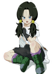 Rule 34 | 1girl, absurdres, badge, bike shorts, black gloves, black hair, black shorts, blue eyes, blunt ends, blush, boots, clothes grab, commentary request, crotch, crotch seam, curtained hair, dragon ball, dragonball z, fingerless gloves, fingernails, gloves, green footwear, groin outline, hair ornament, hair tubes, hand up, highres, knee up, long hair, looking at viewer, loose hair strand, low twintails, open mouth, rauto, shadow, shirt, shorts, simple background, sitting, solo, teeth, thighs, toned, twintails, upper teeth only, videl, white background, white shirt