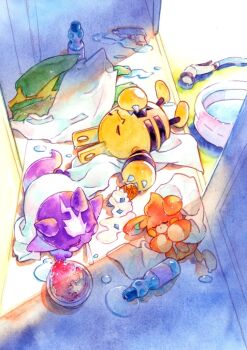 bottle bucket casteliacone chaccalate closed_eyes closed_mouth electrike elekid food gen_2_pokemon gen_3_pokemon gen_8_pokemon hashtag-only_commentary hose ice_cream indoors lying melting nintendo on_back on_stomach pawmi pokemon pokemon_(creature) pokemon_focus sleeping smile soda_pop_(pokemon) summer sunlight towel toxel water water_gun