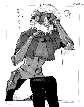 1girl absurdres ahoge armor artist_name capelet chain commentary covering_own_mouth crossed_legs fate/grand_order fate_(series) gauntlets greyscale half-closed_eyes hand_over_own_mouth headpiece highres jeanne_d'arc_alter_(avenger)_(fate) jeanne_d'arc_alter_(fate) looking_to_the_side monochrome plackart sakana_(whhy8883) short_hair solo thighhighs