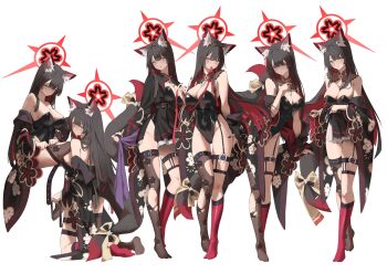 1girl animal_ear_fluff animal_ears black_hair blue_archive breasts colored_inner_hair commentary fox_ears fox_girl fox_tail halo highres kneeling large_breasts multicolored_hair multiple_views playboy_bunny red_hair red_ribbon ribbon simple_background sitting skirt smile standing symbol-only_commentary tail thick_thighs thighs vam_(js_vam) wakamo_(blue_archive) white_background yellow_eyes