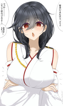 1girl black_hair breasts chamumi_(mochiumee) chestnut_mouth commentary_request detached_sleeves epaulettes gradient_hair grey_hair hair_between_eyes highres kantai_collection large_breasts medium_breasts multicolored_hair one-hour_drawing_challenge red_eyes rope shirt short_hair simple_background sleeveless sleeveless_shirt solo translation_request white_background yamashiro_(kancolle)