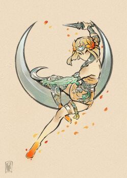 ancient_greek_clothes asymmetrical_arms blonde_hair bone cidate dress full_body glowing_arm greco-roman_clothes green_arm hades_(series) hades_2 highres holding holding_sickle laurel_crown melinoe_(hades) moon ookami_(game) orange_dress parody see-through_body sickle skeletal_arm