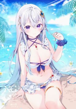 1girl bare_shoulders beach belt bikini blue_sky breasts cleavage commentary_request earrings flower gold_thighlet hair_ornament highres iriam jewelry large_breasts long_hair looking_at_viewer mismatched_bikini mochiko_tsuru navel ocean palm_leaf pendant playing_with_own_hair purple_bikini purple_eyes sitting sky smile solo swimsuit thighlet very_long_hair virtual_youtuber water watermark white_bikini white_flower white_hair