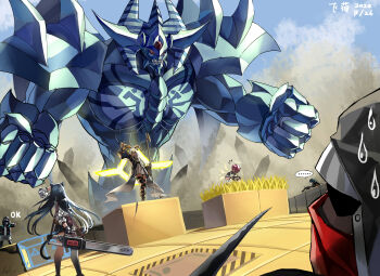 Rule 34 | 3boys, 3girls, absurdres, animal ears, arknights, beeswax (arknights), black gloves, black hair, black jacket, black legwear, blaze (arknights), blue hair, bow (weapon), breasts, cat ears, chainsaw, clenched hand, closed mouth, crossbow, dark skin, doctor (arknights), dress, duel monster, exusiai (arknights), faust (arknights), feimao (angelcat), gloves, gun, hair over one eye, halo, hateful avenger (arknights), highres, holding, holding chainsaw, holding gun, holding weapon, hood, hooded jacket, horns, jacket, jewelry, katana, long hair, long sleeves, looking at viewer, mask, monster, multiple boys, multiple girls, obelisk the tormentor, open mouth, pointy ears, red hair, shirt, short hair, silver hair, skirt, sword, teeth, thighhighs, thumbs up, very long hair, weapon, white jacket, white shirt, wings, yellow eyes, yu-gi-oh!