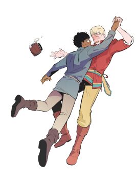 Rule 34 | 2boys, absurdres, arm up, black hair, blonde hair, blue shirt, blush, boots, brown boots, closed eyes, commentary request, daki info, dark-skinned male, dark skin, dungeon meshi, full body, grey pants, highres, holding hands, kabru, laios touden, long sleeves, looking at another, male focus, multiple boys, open mouth, pants, red shirt, shirt, simple background, smile, tankard, triangle mouth, white background, yellow pants