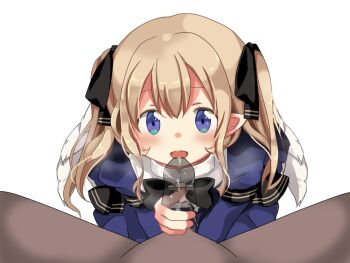 Rule 34 | 1boy, 1girl, angel, angel wings, ariel (oukoku no shugo tenshi), arm ribbon, black bow, black ribbon, blue dress, blue eyes, blush, bow, bowtie, breasts, brown hair, cross, dress, feathered wings, game cg, hair between eyes, hair ribbon, handjob, hikaru (sgst), juliet sleeves, large variant set, long hair, long sleeves, looking at penis, non-web source, open mouth, oukoku no shugo tenshi, penis, pointy ears, pov, pov crotch, precum, puffy sleeves, ribbon, see-through body, sidelocks, simple background, small breasts, smile, tareme, transparent background, twintails, variant set, very long hair, white wings, wings