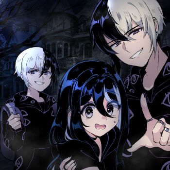 1girl 2boys black_choker black_hair black_hoodie blue_streaks brown_eyes choker commentary double-parted_bangs english_commentary grey_eyes hair_between_eyes highres hood hood_down hoodie jewelry long_hair looking_at_viewer multicolored_hair multiple_boys multiple_rings open_mouth original pointing pointing_at_viewer ring ryuuxin sadie_(ryuuxin) short_hair small_sweatdrop smile split-color_hair streaked_hair two-tone_hair white_hair