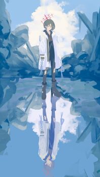 1girl aka_afl_o bandaged_neck bandages black_boots black_hair black_hoodie black_pants blue_archive blue_sky boots cloud coat commentary_request different_reflection full_body halo highres hood hoodie long_sleeves looking_down misaki_(blue_archive) outdoors pants red_halo reflection reflective_liquid short_hair sideways_glance sky sleeves_past_wrists solo standing standing_on_liquid torn_clothes torn_pants water white_coat