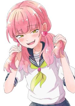 1girl alternate_hairstyle blue_sailor_collar blunt_bangs blush commentary_request earrings green_neckerchief hair_over_shoulder head_tilt heart heart_earrings highres holding holding_own_hair jewelry kunchacha looking_at_viewer medium_hair narrowed_eyes neckerchief open_mouth pink_hair sailor_collar seihantai_na_kimi_to_boku shirt simple_background smile solo standing suzuki_miyu_(seihantai_na_kimi_to_boku) teeth upper_body upper_teeth_only white_background white_shirt yellow_eyes