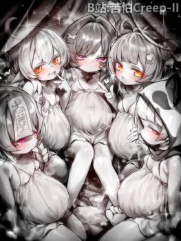 5girls ahoge artist_name barefoot big_belly bilibili_username blush bow-shaped_hair breasts character_request check_character closed_mouth condom condom_wrapper genshin_impact greyscale hair_ornament highres klee_(genshin_impact) kupa_(jesterwii) loli long_hair looking_at_viewer monochrome multiple_girls navel open_mouth orange_eyes outie_navel pink_eyes pointy_ears pregnant prune_(genshin_impact) purple_eyes qiqi_(genshin_impact) red_eyes sayu_(genshin_impact) see-through_china_babydoll short_hair sitting small_breasts spot_color yaoyao_(genshin_impact)