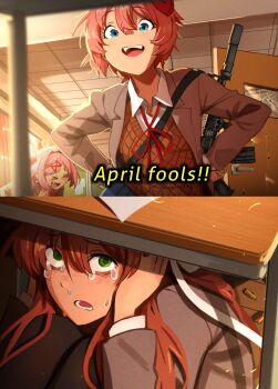 >_< 3girls :d absurdres april_fools blue_eyes brown_hair bullet bullet_hole commentary crying crying_with_eyes_open doki_doki_literature_club doki_doki_literature_club_school_uniform english_text fang grey_jacket gun gun_on_back hands_on_own_hips highres holding holding_behind_back holding_weapon_behind_back indoors jacket khyle. long_sleeves monika_(doki_doki_literature_club) multiple_girls natsuki_(doki_doki_literature_club) open_clothes open_jacket open_mouth pink_hair prank sayori_(doki_doki_literature_club) school_shooting school_uniform short_hair smile tears under_table weapon weapon_on_back