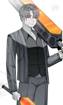 2boys black_shirt commentary_request cowboy_shot dual_wielding earrings expressionless glowing glowing_eyes glowing_hot grey_hair grey_jacket grey_pants highres holding holding_sword holding_weapon jacket jewelry korean_commentary limbus_company looking_at_viewer male_focus matthias_(project_moon) multiple_boys noto12_34 over_shoulder pants project_moon red_eyes shirt solo_focus sword vergilius_(project_moon) weapon weapon_over_shoulder