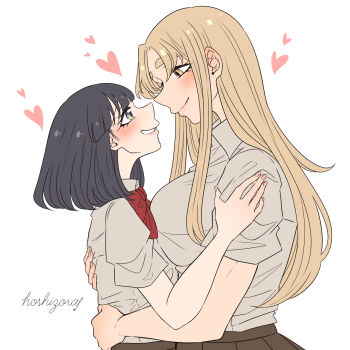 Rule 34 | 2girls, artist name, black hair, blonde hair, blush, bow, bowtie, breasts, closed mouth, collared shirt, commentary request, eye contact, grey eyes, grin, hand on another's back, hand on another's shoulder, heart, highres, hoshizora no shita, large breasts, long hair, looking at another, medium hair, multiple girls, original, red bow, red bowtie, shirt, short sleeves, simple background, smile, white background, white shirt, yellow eyes, yuri