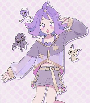 1girl :o acerola_(pokemon) banette blush_stickers chibi chibi_inset drifloon flipped_hair gen_3_pokemon gen_4_pokemon gen_7_pokemon gold_trim grey_shorts grey_sweater highres looking_at_viewer mimikyu navel nintendo open_mouth pokemon pokemon_(creature) pokemon_sm purple_background purple_eyes purple_hair remoooon see-through_clothes see-through_sleeves short_hair shorts simple_background solo_focus standing stitches sweater topknot upper_body w