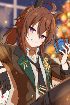 1girl ace_(playing_card) ahoge animal_ears black_gloves black_necktie black_pants blush box brown_hair brown_jacket card christmas_tree collared_shirt ear_covers ear_ornament facial_mark gift gift_box gloves hair_between_eyes holding holding_gift horse_ears horse_girl jacket jewelry long_hair long_sleeves looking_at_viewer mauve nakayama_festa_(festival_game)_(umamusume) nakayama_festa_(umamusume) necklace necktie official_alternate_costume open_clothes open_jacket open_mouth pants playing_card purple_eyes shirt single_ear_cover single_glove smile star_(symbol) star_facial_mark umamusume