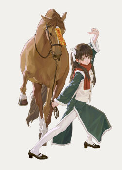 1girl black_shoes bridle brown_eyes brown_hair chinese_clothes commentary dress earrings eyeball_bracelet_girl_(fkey) fkey fur_trim green_dress hair_ribbon high_heels highres horse jewelry looking_at_viewer ofuda original pantyhose red_scarf ribbon scarf shoes two_side_up vest white_pantyhose white_vest yin_yang yin_yang_earrings