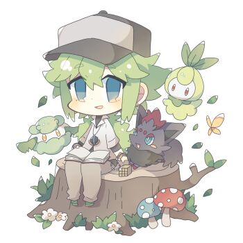 1boy baseball_cap black_headwear blue_eyes book brown_pants bug butterfly chibi collared_shirt commentary_request cottonee flower full_body gen_5_pokemon green_hair hair_between_eyes hat highres insect komano_shia lanyard long_hair male_focus mushroom n_(pokemon) nintendo open_book pants petilil pokemon pokemon_(creature) pokemon_bw shirt simple_background sitting undershirt white_background white_flower white_shirt zorua